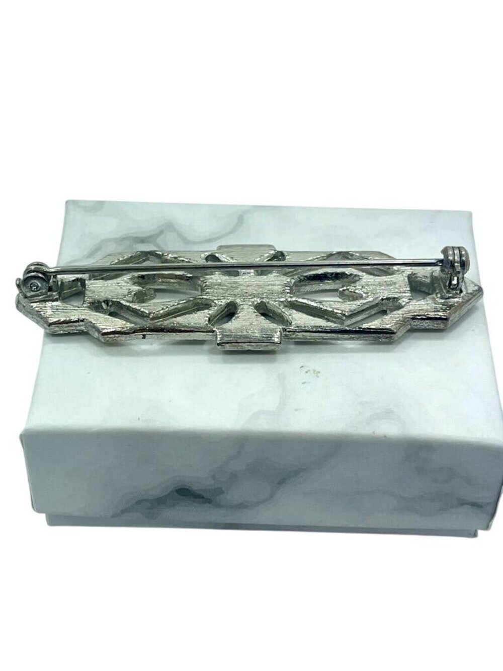 Vintage Art Deco Style Silver Tone Brooch Red Baguette Glass & Clear Rhinestones - Picture 3 of 4